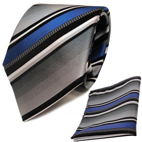 TigerTie Seidenkrawatte + Einstecktuch blau silber grau weiß schwarz gestreift - Krawatte Seide