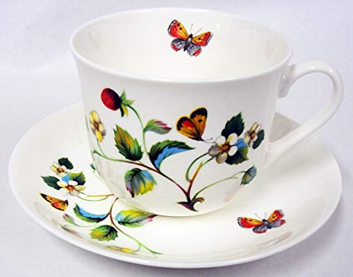 Strawberries & Butterflies Breakfast Cup & Saucer Fine Bone China Large Cup & Saucer Hand Decorated in The U.K. Free UK Delivery