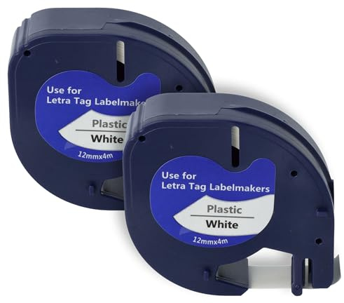 vhbw 2x Schriftband-Kassette Plastik kompatibel mit Dymo LetraTag LT-100H | LT-100T, QX50, XR, 200B Etiketten-Drucker 4m x 12mm Schwarz auf Weiß