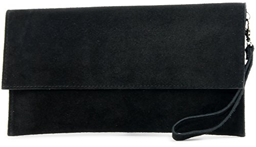 modamoda de T151 Damen Wildleder Rauleder Clutch Umhängetasche Abendtasche handmade in Italy, Farbe:Schwarz