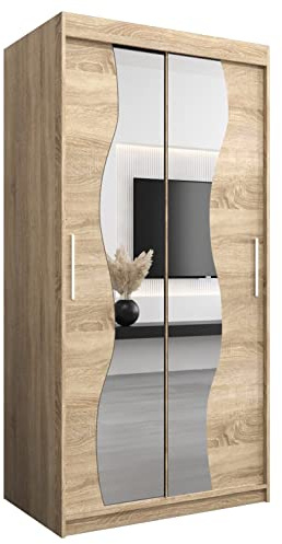 KRYSPOL Schwebetürenschrank Madryt 100 cm mit Spiegel Kleiderschrank mit Kleiderstange und Einlegeboden Schlafzimmer- Wohnzimmerschrank Schiebetüren Modern Design (Sonoma)