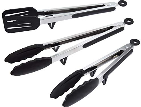 Goalfly 3 Pack Kitchen Tongs with Resting Gadget, Cooking Tongs Set with Silicone Tips, 1pc Spatula Tong (32cm), 2pcs Basic Food Tongs (26cm, 33cm),Suitable for BBQ Grill, Frying and Salad
