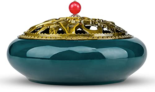 Keramischer Weihrauchbrenner, Keramik Räuchergefäß Keramik Räuchergefäßhalter Räuchergefäß Exquisit Porzellan Holzkohle mit Metallabdeckung Rund Chinesisch Porzellan Räucherschale für Zuhause Ornament