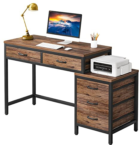 Tribesigns Computer Desk with 5 Drawers, Home Office Desks with Reversible Drawer Cabinet Printer Stand, Industrial PC Desk with Storage, Rustic Study Writing Table Workstation for Small Spaces