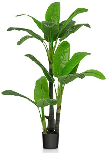 GIANTEX 150 cm Arbre Artificiel, Palmier Tropical Artificiel, Palmier à éventail, décoration d'intérieur dans Un Pot de Ciment, 18 Feuilles, Plante décorative Verte Artificielle pour Maison, Bureau