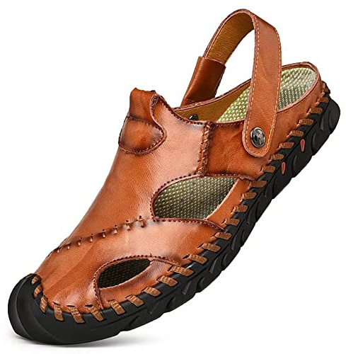 Dabbqis Herrsandaler läder stängd tå utomhus sommar halkfria strandsandaler, Brun, 38.5 EU