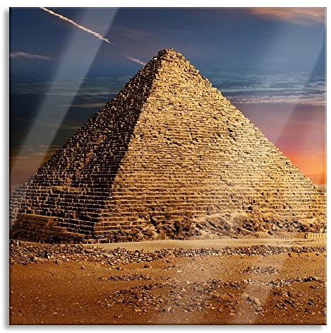 Pixxprint Quadro in vetro su vetro vero piramidi egiziane al tramonto, 80 x 80 cm, con sospensione e distanziatore