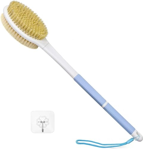 HORJOR Rückenbürste zum Duschen, Badebürste mit Langem Stiel 44cm Duschbürste Rücken, Körperbürste mit Naturborsten für Dusch Bürste Feuchten oder Trockenen Rücken Körperbürste