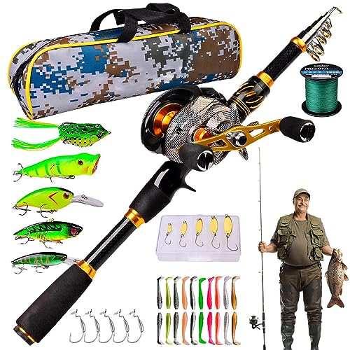 Reise-Angelruten- und Rollen-Kombination - Leichtes Teleskop-Angelruten-Set mit Rolle - Outdoor-Angelzubehör und -ausrüstung für Salzwasser, Süßwasser und Anfänger Fouhaly