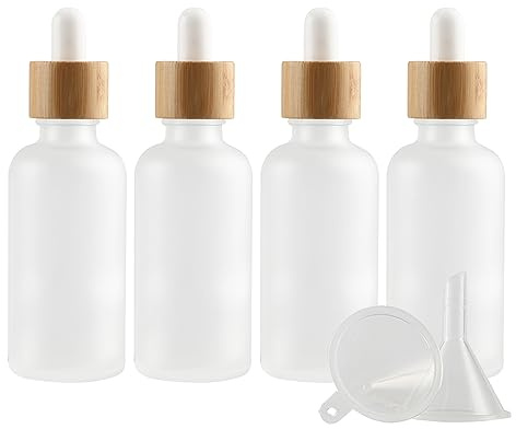 PQPAUTY 4 Stück 50 ml Leere Matt Transparent Klarflasche Tropfflasche Pipettenflaschen mit Glaspipette, 50ml Glasflasche mit Tropfpipette mit Bambus Schraubverschluss für ätherische Öle, Parfüm Öle
