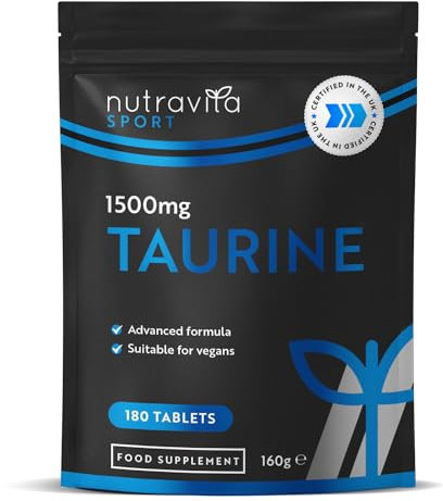 Taurine Supplement 1500mg - 180 High Strength Taurine Tablets - Vegan Amino Acids Taurine Nutritional Supplements - Powder Alternative - Sports Supplement for Men & Women - Made in The UK - Nutravita