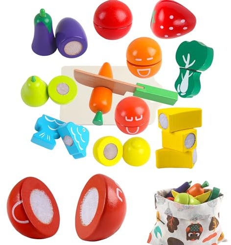 newlng Kinderküche Zubehör aus Holz Küchenspielzeug Schneiden von Obst und Gemüse Lebensmittelspielzeug Rollenspielspielzeug Geschenk für Geburtstag Weihnachten Kindertag mit Klett-Verbindung