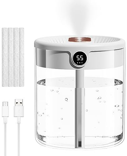 Air Humidifier, 2L Large Capacity Humidifiers with Warm Night Light, Cool Mist Humidifiers For Bedroom Home Baby Room Nursery Office Plant, Waterless Auto-Off, 40H Quiet Operation, Humidity Display