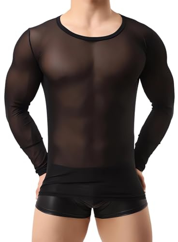 Men's Long Sleeve Tops, Sexy See Through Sheer Mesh Undershirt for Men, Slim Fit Gym Training Workout Tee Shirt Pullover Tops, Round Neck Transparent Tops Clubwear for Party Rave Disco Performance
