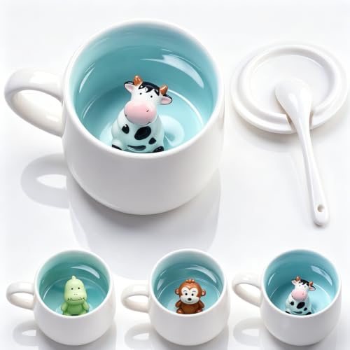 3D Tier in süßer Tasse – Kaffeetasse mit Deckel und Löffel, 350 ml Keramiktasse mit Überraschungseffekt, süßer Hingucker als Geburtstagsgeschenk für Frauen & beste Freundin