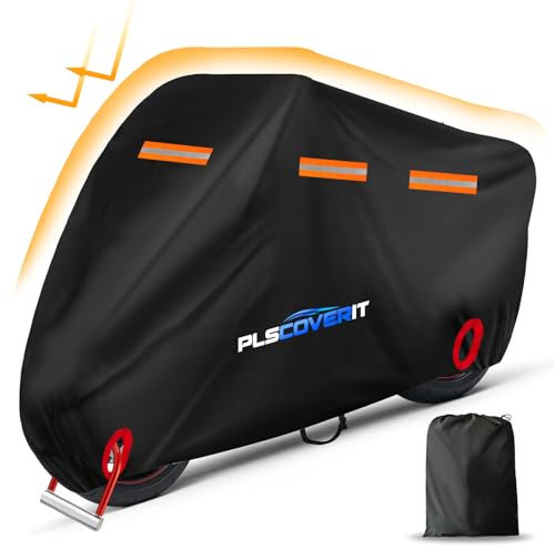 Plscoverit Copertura per moto, 600D, resistente, impermeabile, antipolvere, per moto, scooter, protezione con strisce riflettenti, fori di bloccaggio e borsa per il trasporto, 247,7 x 104,1 x 127 cm