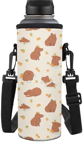 HUGS IDEA Portabotellas de agua de neopreno aislado con correa para el hombro, capibara de dibujos animados, L, organizador de bolsillo