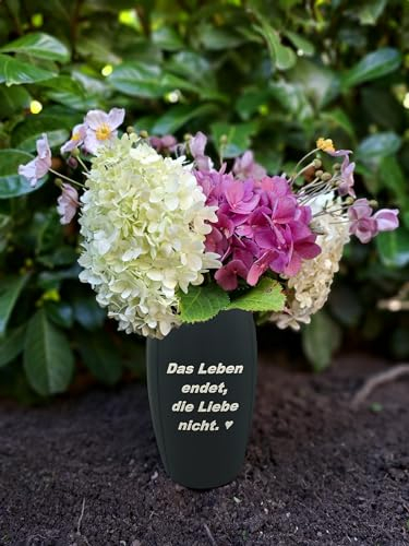 Grabvase mit Spruch Das Leben endet, die Liebe Nicht. Grabdeko Steckvase Vase für Grab 25cm Blumenvase Kunststoff Trauerschmuck Friedhofsvase witterungsbeständige Grabvase Grabschmuck Friedhof