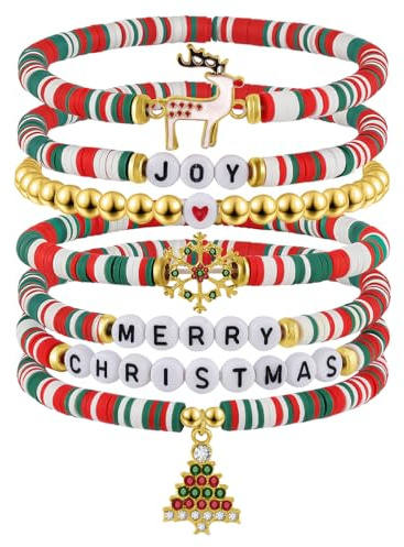 Emibele Navidad Arcilla Pulseras de Cuentas para las Mujeres 7pcs, Feliz Navidad pulsera conjunto con el árbol de Navidad copo de nieve ciervos encantos, Apilable Stretch Navidad pulseras regalos