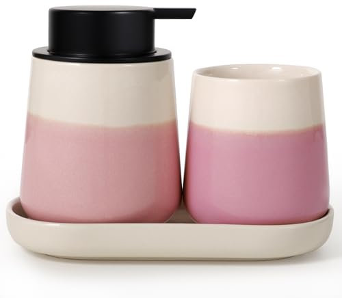 Autumnlife Badezimmer Set Rosa, 3-teiliges Badezimmer Zubehör Set aus Keramik, Dekoratives Badzubehör Seifenspender Set, Zahnputzbecher & Badablage für Schmuck, Geeignet für Bad, Waschbecken