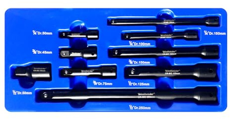 WinHolder 9pcs 1/4 3/8” 1/2 Mixer Drive Impact Wrench Impact Socket Extension Bar Set Socket Extension Bar, Extensions Socket Tool, CR-V with Black Phosphating Blue Tray