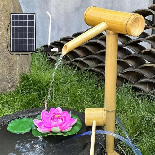 Fontaine à Eau à énergie Solaire, Fontaine Solaire en Bambou, Fontaine à Eau Feng Shui aux Accents de Bambou avec Pompe et Alimentation Solaire, kit de Fontaine en Bambou de Style Japonais,