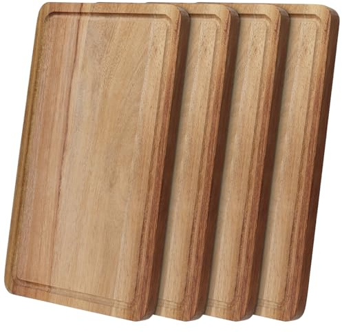 FUNSUEI 4 Stück Frühstücksbrettchen Holz 30 x 20 x 1,5 cm, Holztablett Rechteckig, Vesperbrett Serviertablett Dekotablett Akazie für Frühstück, Desserts, Küche, Esszimmer
