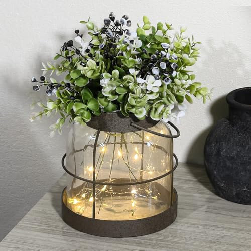Dnnnii Vintage Glas Bauernhaus Vase mit rustikalen Laternen Pflanzgefäß mit Blumenarrangements, Bauernhaus Mittelstück für Hochzeit/Tischplatte Dekor, einzigartige Housewarming Geschenk