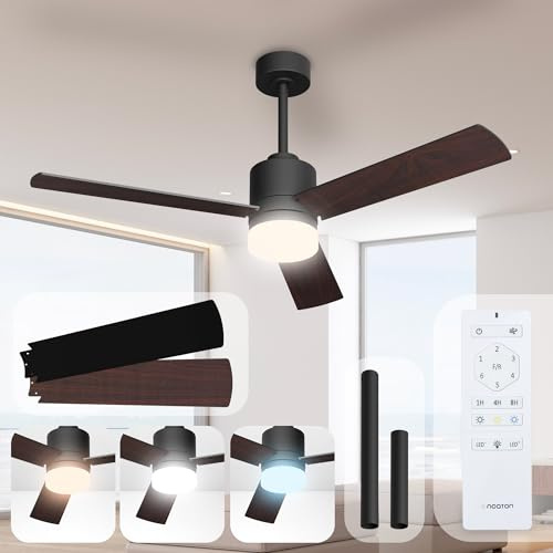 Noaton® Canis noir/bois foncé Ventilateur de plafond avec lumière et télécommande, 3 pales, silencieux, Ø132 cm, mode hiver-été, moteur DC, 6 vitesses, minuterie, LED dimmable, double hauteur