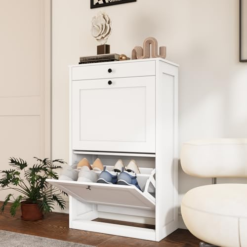 VOWNER Schuhschrank mit 2 Klappen, Schuhregal Schuhkipper Schmal, mit 4 Fächern, Schuhschrank Weiss, Verstellbar, für Eingangsbereich, Flur, 60 x 30 x 99 cm