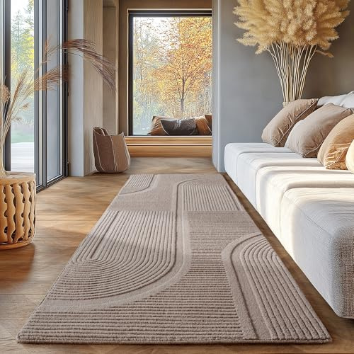 SIMPEX Teppich Boho Läufer 80 x 150 cm Beige, Waschbar & Pflegeleicht, Weicher Skandinavischer Deko Teppich mit 3D-Effekt, Ideal für Flur, Küche oder Schlafzimmer
