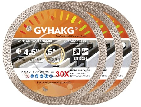 GVHAKG 115mm Diamond Cutting Disc,4.5 Super Thin Tile Diamond Blade (3pcs) | 4 1/2inch Porcelain Diamond Saw Blade Fast & Clean Cut on Porcelain Tiles Ceramics Granite Marble 3pcs (115x22.23mm)