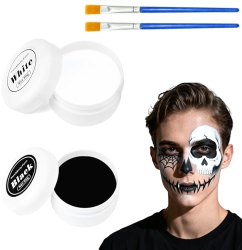 Pintura facial de Halloween con pincel de maquillaje, tatuajes, maquillaje de teatro, pintura corporal para Halloween, zombie, esqueleto de vampiro, carnaval, teatro de arte, cosplay, payaso (blanco y