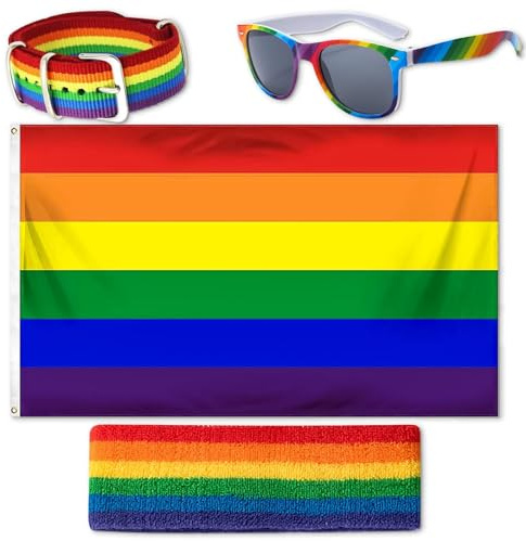 Drapeau Pride 90x150 cm,Drapeau Progress Pride pour Défilés Fête Festival | Bracelet Gay Pride,Bandeau Arc-en-ciel,Lunettes LGBT Accessoires Ensemble de Drapeau Progress Pride