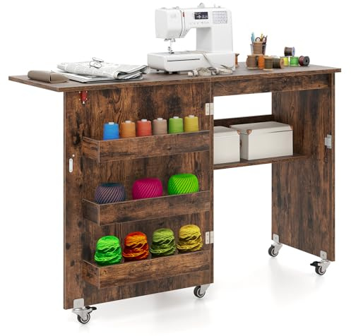 RELAX4LIFE Table de Couture Pliable avec Grand Plateau, 3 Compartiments, Étagère de Rangement, Meuble Gain de Place à roulettes pour Aiguilles, Fils et Ciseaux (Marron)