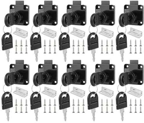 CYEER Black Cupboard Locks Set of 10, Zinc Alloy Cam Lock 22mm, Cabinet Lock with Keys Different, Cylinder Security Drawer Lock Mailbox Post Locker for Office Household Cabinet Mailbox Drawer