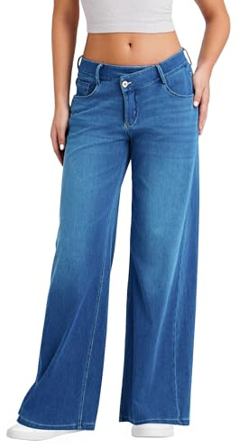 LaiEr Damen Jeans mit Weite Bein,Einzigartigem Bund Design,Echtem Reißverschlussfront,geradem Schnitt und lockerer Passform Hochelastische Denim Hose,Geeignet für Freizeit,Yoga und Fitness.