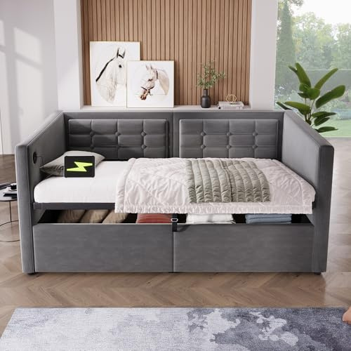 Merax 3ft Single Upholstered Day Bed,Side Lift Ottoman Bed with Hydraulic Storage,with USB &Type-C Charging Station,Metal Slatted Frame,for Adults and Children,Velvet Fabric-No Mattress,Grey/90*190CM
