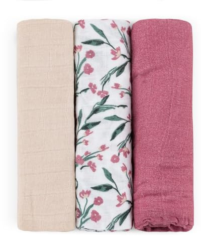 Petite&Mars Bambus-Musselinwindeln, 3er-Set Moussy * 68 x 68 cm * hypoallergen * Bambus * Baumwolle * Spucktuch * Bäuerchentuch * Musselintuch * Musselin-Wischtuch (Rosa Wiese)