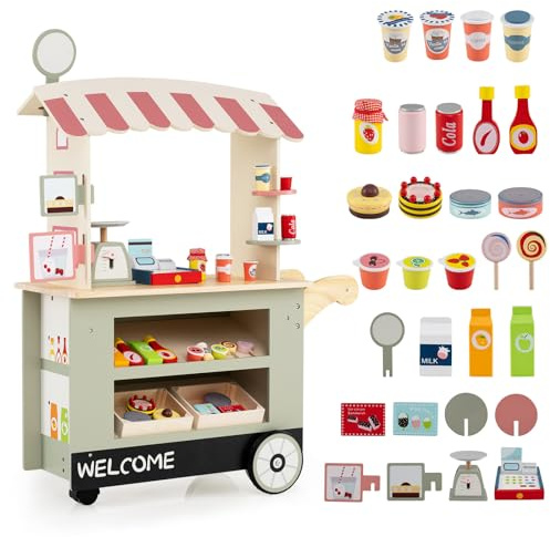 GOPLUS Carrito de Aperitivos para Niños con 30 Accesorios, Comerciante de Madera con Toldo, Carrito de Supermercado con Caja Registradora, Juego de Imitación Educativo para Niños de 3+ Años (Verde)