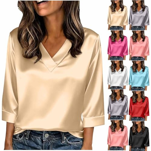 Damen Bluse,Elegant 3/4 Arm Stretch Satin Oberteile V-Ausschnitt Satinbluse Einfarbig T-Shirt Festliche Party Outfits Casual Blusenshirt Tops glänzende Seide,für Business,Büro,Arbeit,Abend