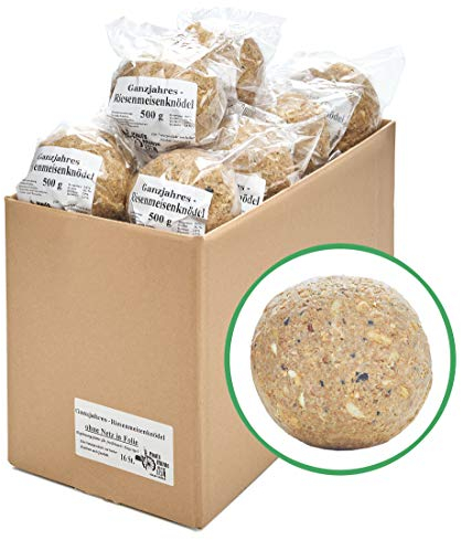 Paul´s Mühle Ganzjahres Riesen-Meisenknödel, Ganzjahresfutter für Wildvögel, reduzierter Schalen- und Nussanteil, ohne Netz, 16 Stück (16 x 500 g)