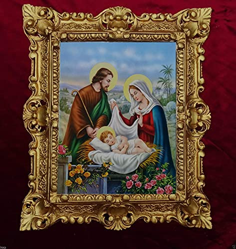 Lnxp Jesuskind Baby Jesus mit Maria und Joseph Antik Barockrahmen mit Bild 45x38 cm HEILIGE BILDER 48B