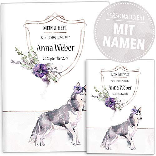 OLGS U-Heft und Impfpasshüllen Set Cosmo Hunde | Untersuchungsheft Hülle & Impfpasshülle Babygeschenk personalisierbar mit Namen - Uhefthülle, Impfpasshülle personalisiert, Blümchen