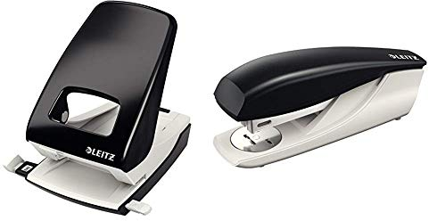 Leitz Locher, 40 Blatt, Schwarz, Anschlagschiene mit Formatvorgaben, Metall, NeXXt, 51380095 & Heftgerät, 30 Blatt, Schwarz, Ergonomisches Kunststoffgehäuse, Inkl. Heftklammern, New NeXXt, 55000095