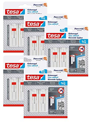 Tesa Verstellbarer Klebenagel für Tapeten und Putz/Selbstklebender Nagel von tesa Powerstrips / 2 x 1 kg Halteleistung (1 kg - 10 Nägel)