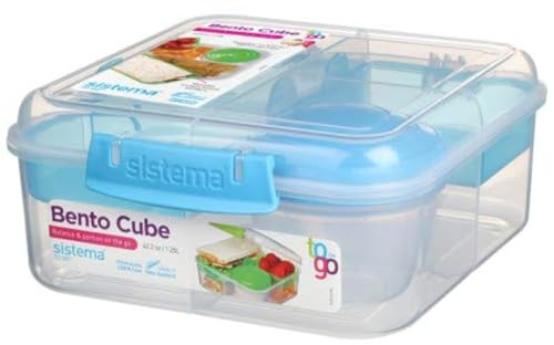 Sistema 5-Fach unterteilte XL Lunchbox BENTO Cube - 1250 ml Vesperdose inklusive Becher mit Schraubverschluss 17,5 x 17,5 x 8 cm (B x T x H) 21685 Blau