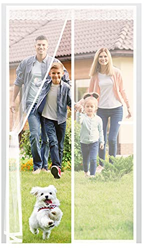 Fiberglass Magnetic Screen Door, Anti Mosquito Mesh Fly Curtain with Full Frame Hook&Loop Easy to Install Fiberglass Mesh Curtain Anti Mosquito (90x210 cm, White)
