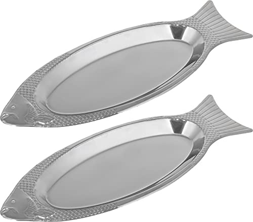 OFXDD Metal Oval Fish Platter - Pack of 2 - Stainless Silver Dishes Serving Plates - Metal Oval Fish Tray
