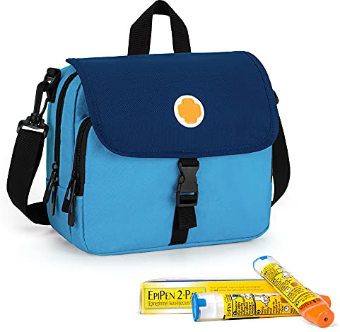 CURMIO Sac pour Epipen, Sacoche Isotherme Medicament Voyage, Bleu | Plusieurs Compartiments, Bretelles Amovibles, pour Fournitures Diabète/ Adrénaline/Insuline / Kit Allergie, Sac Vide